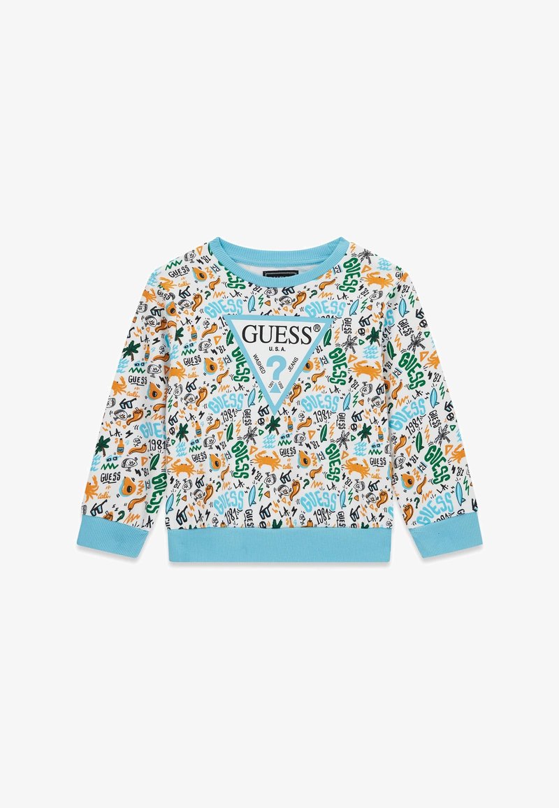 Sweat-shirt à manches longues pour enfants avec col rond, orné de dessins colorés sur le thème de l'océan et d'un grand logo Guess bleu au centre.