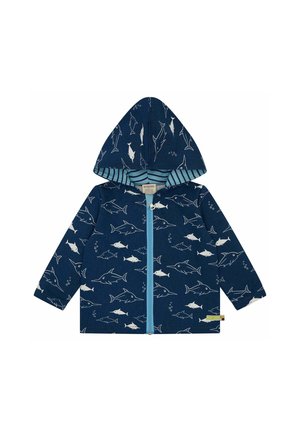 Marineblauer Mantel mit Haifischmuster, ausgestattet mit einem Reißverschluss vorne, langen Ärmeln und einem gestreiften Innenfutter der Kapuze. Weiches Baumwollmaterial.