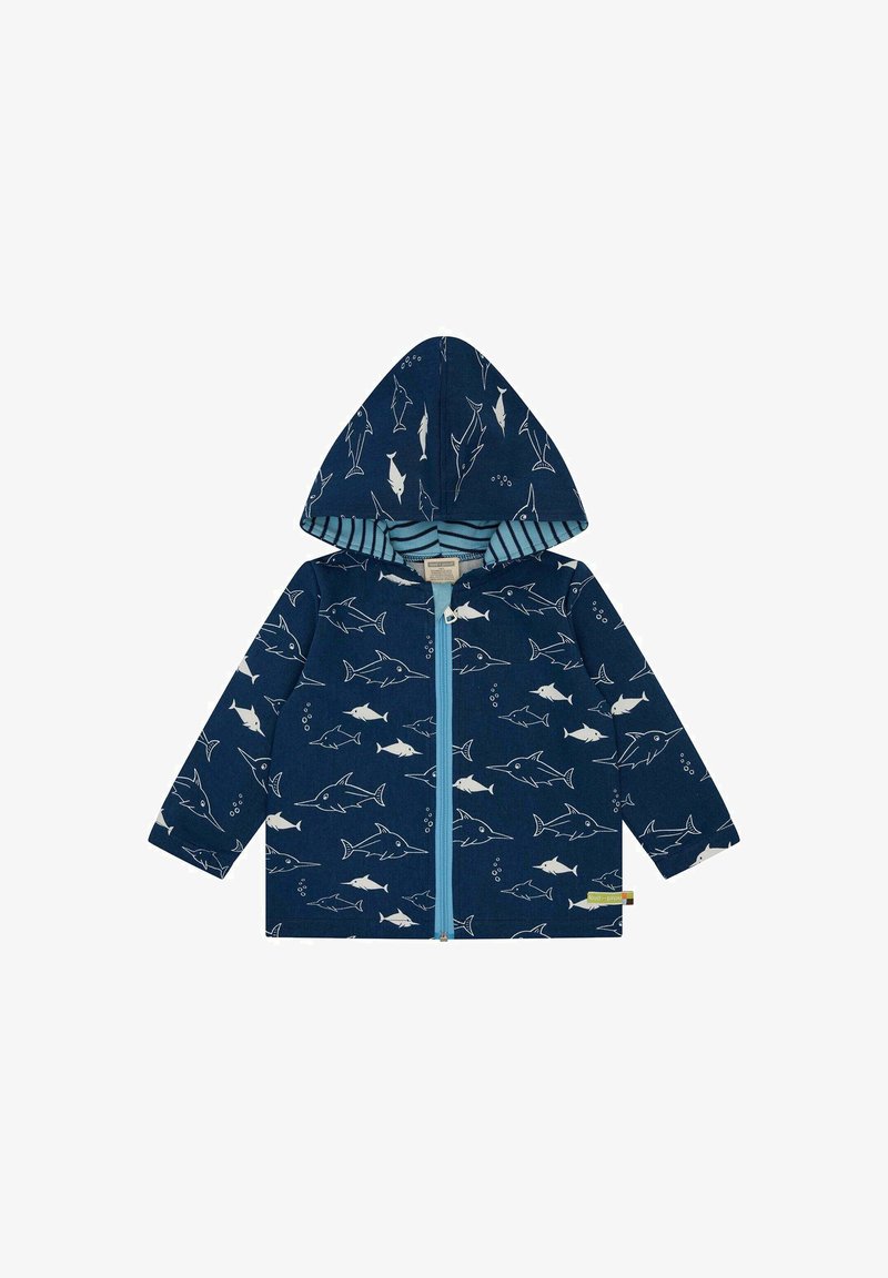Marineblauer Mantel mit Haifischmuster, ausgestattet mit einem Reißverschluss vorne, langen Ärmeln und einem gestreiften Innenfutter der Kapuze. Weiches Baumwollmaterial.