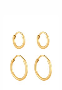 Sæt med fire guld hoops i varierende størrelser. Glat, blank finish med hængsler. Rund form; to mindre, to større.