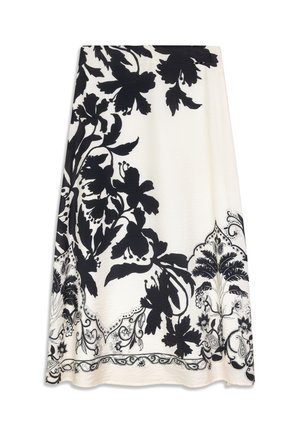 Tissu blanc avec un motif floral noir, présentant de grandes fleurs et des détails complexes. Bord décoré d'accents semblables à de la dentelle.