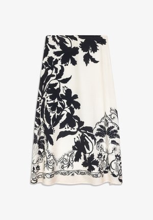 Tissu blanc avec un motif floral noir, présentant de grandes fleurs et des détails complexes. Bord décoré d'accents semblables à de la dentelle.