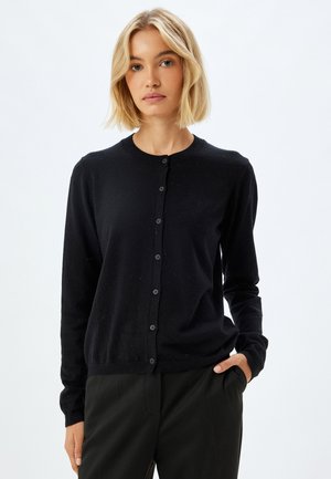 Black cardigan made of soft fabric, featuring a round neckline, long sleeves, and a button-up front with five buttons.
