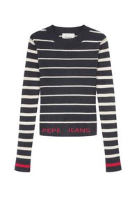 Suéter de rayas azul marino y blanco con mangas largas y cuello redondo. Presenta "PEPE JEANS" bordado en rojo en el dobladillo.