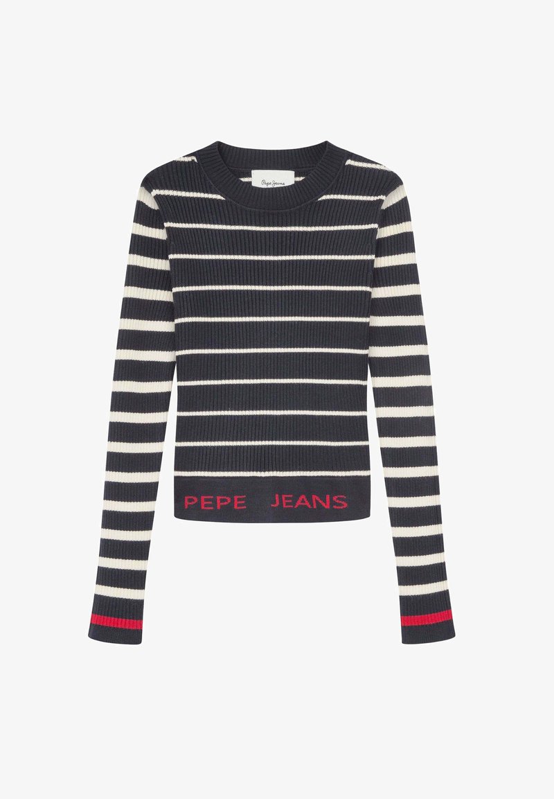 Suéter de rayas azul marino y blanco con mangas largas y cuello redondo. Presenta "PEPE JEANS" bordado en rojo en el dobladillo.