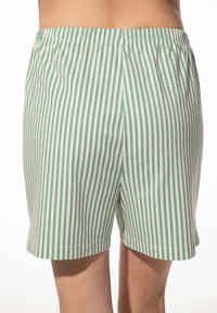 Lichte katoenen shorts met groene en witte verticale strepen, elastische tailleband en een relaxte pasvorm. Midden boven de dijen met gezomen randen.