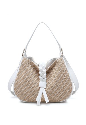 Sac à bandoulière avec texture tissée beige et garniture en cuir blanc, avec un détail en cuir blanc tressé et des doubles sangles.