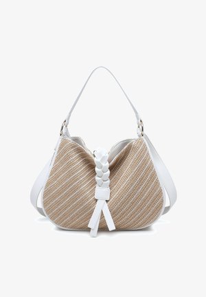 Sac à bandoulière avec texture tissée beige et garniture en cuir blanc, avec un détail en cuir blanc tressé et des doubles sangles.