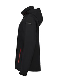 Zwarte jas met een capuchon, voorzien van een rode rits en accenten. Gemaakt van een glad, duurzaam materiaal, met een getailleerde pasvorm en verstelbare manchetten.