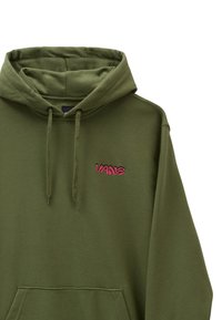 Felpa verde oliva con logo "VANS" ricamato in rosa, cappuccio regolabile con cordini, tasca a marsupio e morbida consistenza.