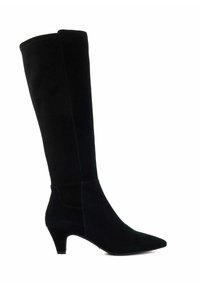 Bottines noires montantes en daim doux, avec un bout pointu et un talon modeste. Le design inclut des coutures élégantes le long du côté extérieur.