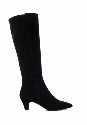 Zwarte kniehoge laars van zacht suede, met een puntige neus en een bescheiden hak. Het ontwerp heeft slanke naden langs de buitenzijde.