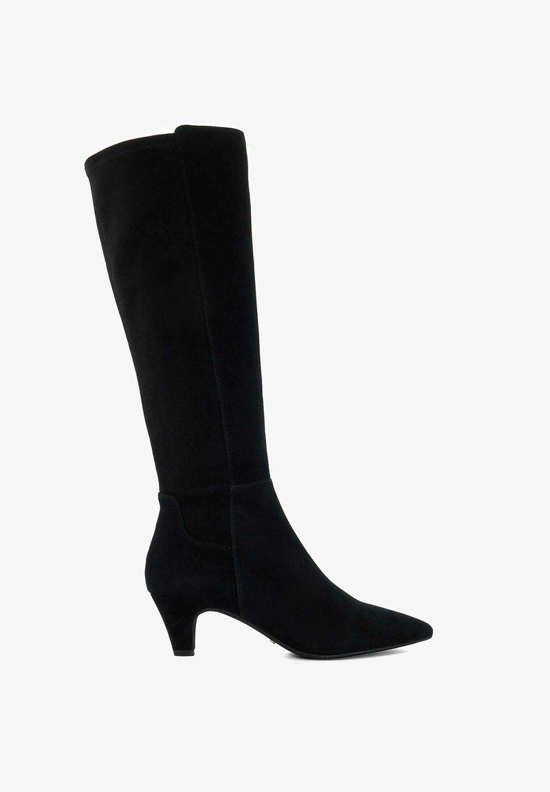 Black knee-high boot made of soft suede, featuring a pointed toe and a modest heel. The design includes sleek seams along the outer side.