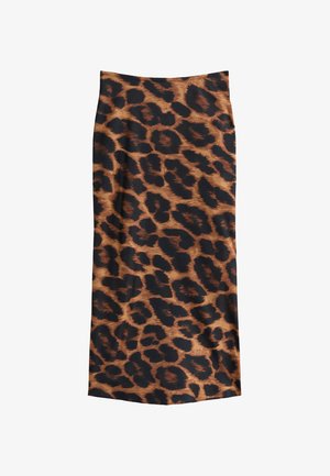 Luipaardprint rok met een bruin en zwart patroon, een gladde textuur, enkel-lange ontwerp en een figuurvormende silhouet.