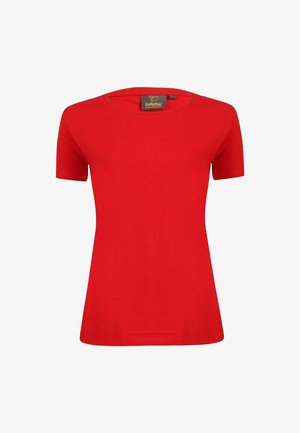 Rotes kurzärmliges T-Shirt aus glattem Baumwollstoff mit Rundhalsausschnitt und gerader Saumlinie, versehen mit einem Etikett am Halsausschnitt.