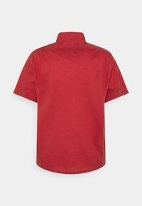 Chemise à manches courtes, à col, de couleur rouge unie. Fabriquée en tissu lisse avec une coupe décontractée et un ourlet arrondi. Comprend un empiècement central dans le dos.