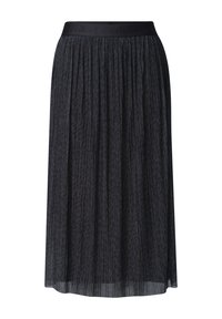 Black pleated midi skirt with subtle leopard print pattern and elastic waistband with embossed text.