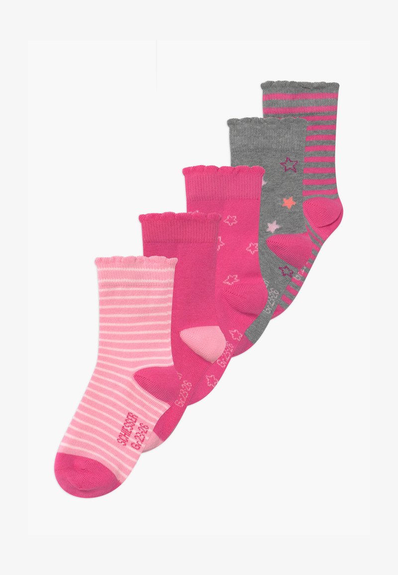 Cinq paires de chaussettes pour enfants : roses avec des rayures, rose uni, gris avec des étoiles et gris rayé. Bords froncés et différentes nuances de rose.