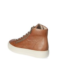 Brown leather high-top sneakers with white rubber sole. Features side zipper, lace-up front, and textured stitching detail.