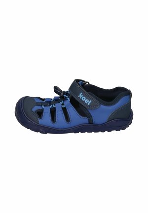 Children’s blue sandal with adjustable velcro strap, closed toe, and breathable side cutouts, designed for active outdoor use.