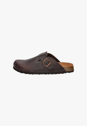 Braune Leder-Clogs mit verstellbarem Riemen, konturiertem Korkfußbett und strukturiertem Gummisohle. Offenes Rückendesign für einfaches Anziehen.