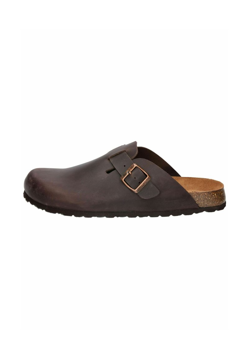 Braune Leder-Clogs mit verstellbarem Riemen, konturiertem Korkfußbett und strukturiertem Gummisohle. Offenes Rückendesign für einfaches Anziehen.