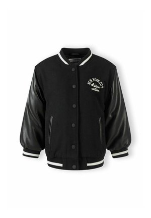Veste varsity noire avec un corps en laine, des manches en cuir, des poignets côtelés et un col à rayures blanches. Présente une broderie "NEW YORK CITY".