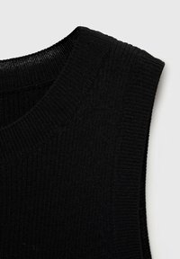 Black sleeveless top with a ribbed texture and wide neckline. The fabric appears stretchy and soft, featuring clean, simple lines.