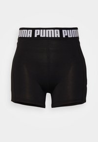 Black fabric shorts with a snug fit, featuring a wide black waistband with white "PUMA" text. Smooth texture, minimal design.