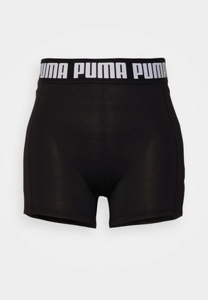 Zwarte stoffen shorts met een strakke pasvorm, voorzien van een brede zwarte tailleband met witte "PUMA"-tekst. Soepele textuur, minimalistisch ontwerp.