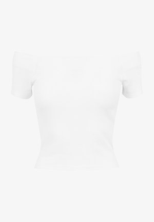 Top bianco off-the-shoulder in tessuto a costine, maniche corte, design aderente, texture liscia e lunghezza cropped.