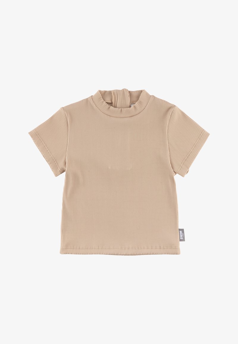 Beige geripptes Kurzarmoberteil mit hohem Kragen, das eine weiche Textur und ein kleines Seitenschild für die Markenidentifikation aufweist.