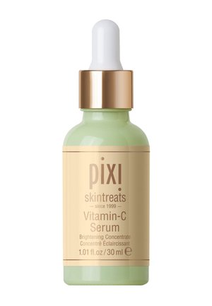 Bottiglia in vetro verde con contagocce bianco e rifiniture dorate. L'etichetta riporta "pixi skintreats Vitamin-C Serum." Capacità: 30 ml.