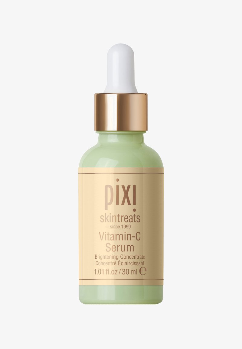 Vihreä lasipullo, jossa on valkoinen pipetti ja kultainen yksityiskohta. Etiketissä lukee "pixi skintreats Vitamin-C Serum." Tilavuus: 30 ml.