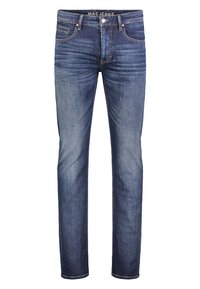 Dark blue denim jeans with a slim fit, featuring five-pocket design, metal button, and stitching accents. Smooth texture with slight fading.
