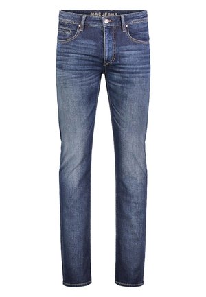 Jeans en denim bleu foncé à coupe slim, dotés d'un design à cinq poches, d'un bouton en métal et de surpiqûres décoratives. Texture lisse avec un léger effet décoloré.