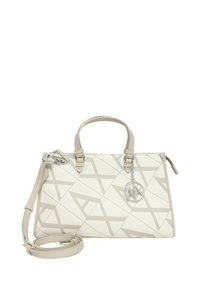 Borsa strutturata bianca in pelle granigliata, presenta un motivo geometrico grigio, doppi manici superiori, tracolla staccabile e charm con logo argentato.