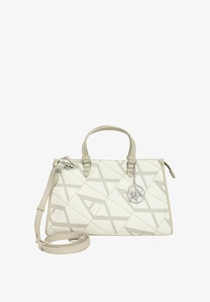 Borsa strutturata bianca in pelle granigliata, presenta un motivo geometrico grigio, doppi manici superiori, tracolla staccabile e charm con logo argentato.