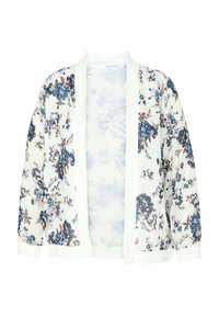 Kwiatowy kimono w kolorze białym z niebieskimi i brązowymi wzorami kwiatowymi. Lekki materiał, otwarty przód oraz długie rękawy z prążkowanymi mankietami.