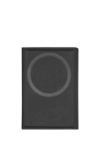 Black leather cardholder featuring a raised circular accent and textured surface, with visible stitching along the edges. Compact design.