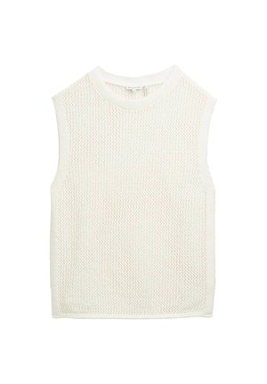 Ärmelloses weißes Stricktop mit einer strukturierten, offenen Masche. Hat einen runden Ausschnitt und einen geraden Saum, mit einer lockeren Passform überall.