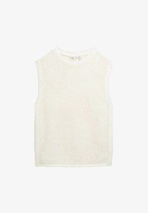 Ärmelloses weißes Stricktop mit einer strukturierten, offenen Masche. Hat einen runden Ausschnitt und einen geraden Saum, mit einer lockeren Passform überall.