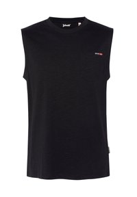 Top senza maniche nero realizzato in tessuto morbido. Presenta un colletto rotondo e una tasca sul petto con un piccolo etichetta del logo sul lato.