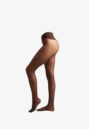 Calze opache marroni con un ampia vita liscia e una sezione delle gambe trasparente, progettate per garantire una vestibilità confortevole e una buona copertura.