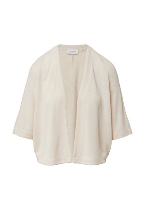 Lightweight cream-colored kimono cardigan with a loose fit, short sleeves, and a textured fabric. Open front design with no fastenings.