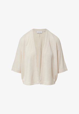 Lightweight cream-colored kimono cardigan with a loose fit, short sleeves, and a textured fabric. Open front design with no fastenings.