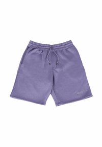 Shorts décontractés violets avec taille élastique, cordon de serrage, poches latérales et petit logo brodé sur la partie inférieure de la jambe.