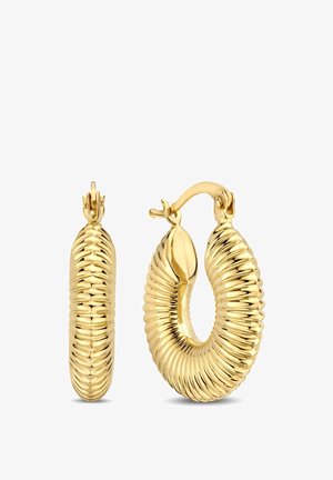 Goudkleurige oorringen met een geribbelde textuur, gladde accenten en een veilige sluiting. Het ontwerp is langwerpig en ovaal van vorm.