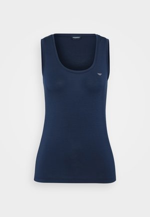 Navy blue sleeveless tank top in soft fabric; features a scoop neckline and a small logo on the left side. Smooth texture, fitted shape.