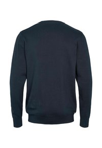 Pull bleu marine foncé à manches longues vu de dos avec un col rond et des poignets et un bas côtelés.